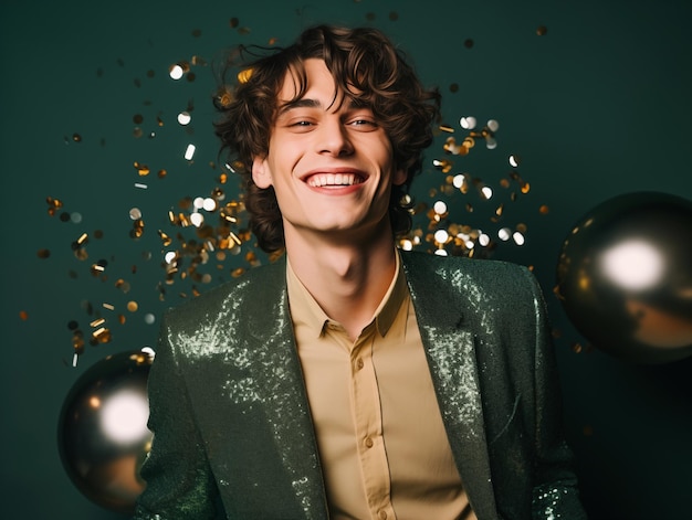 Фото Молодой человек, одетый в блестящую куртку, веселится на новогодней вечеринке, счастливый парень танцует и