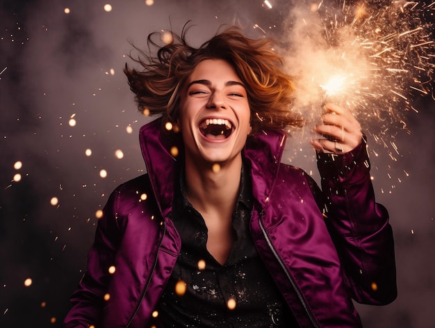 Photo young pretty man dressed in sequined jacket having fun on new year party happy guy dancing and