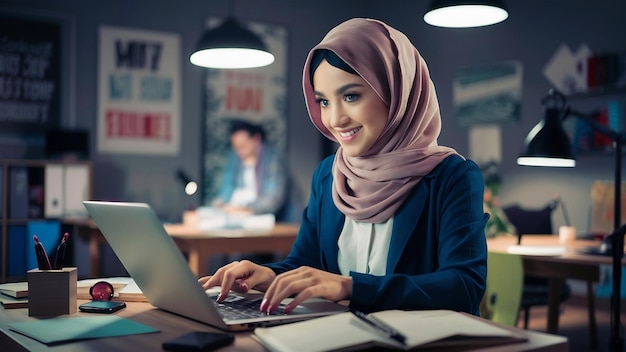 Young pretty modern muslim woman in hijab working on laptop in office room education online