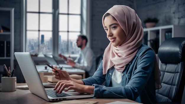 Young pretty modern muslim woman in hijab working on laptop in office room education online