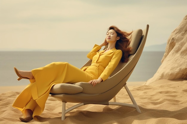 Молодая красивая мать в желтом летнем пляжном платье лежит в красном шезлонге и держит в руках генеративный искусственный интеллект