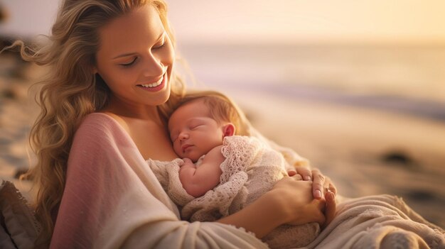 Young pretty mother in yellow summer beach dress laying in red beach chair kissing h Generative AI