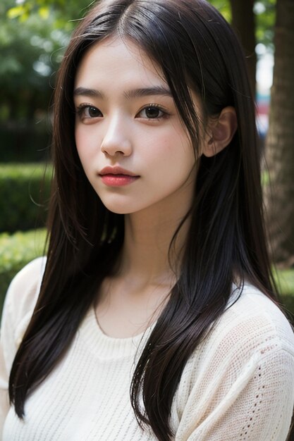 사진 절묘한 얼굴 특징으로 야외에서 웃고 사진을 찍는 젊고 예쁜 동양 아시아 소녀