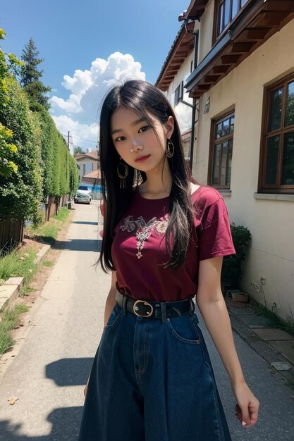 Молодая красивая восточная азиатская девушка улыбается и фотографируется на улице с изысканными чертами лица