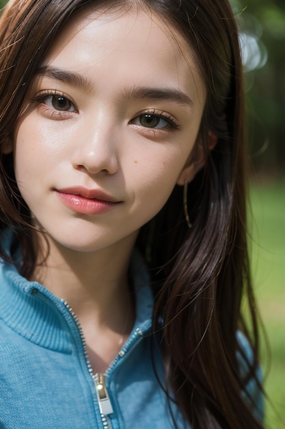 美しい東洋アジアの若い女の子が笑顔で、絶妙な顔立ちで屋外で写真を撮る