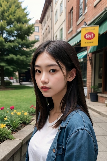 美しい東洋アジアの若い女の子が笑顔で、絶妙な顔立ちで屋外で写真を撮る