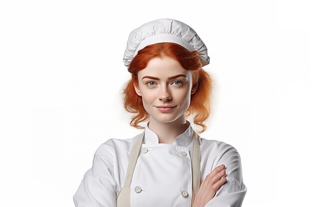 Young pretty redhead girl over isolated white background in chef uniform