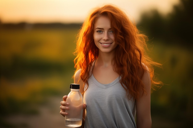 外で水のボトルを握っている美しい赤 ⁇ の若い女性