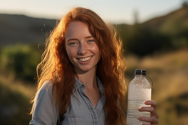 Young pretty redhead woman at outdoors holding a bottle of water