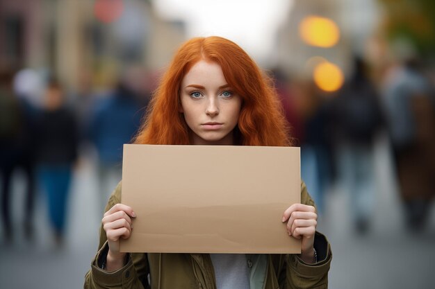 Young pretty redhead woman at outdoors holding an empty placard