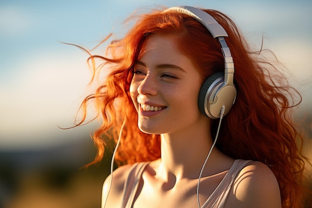 Young pretty redhead woman at outdoors listening music with headphones