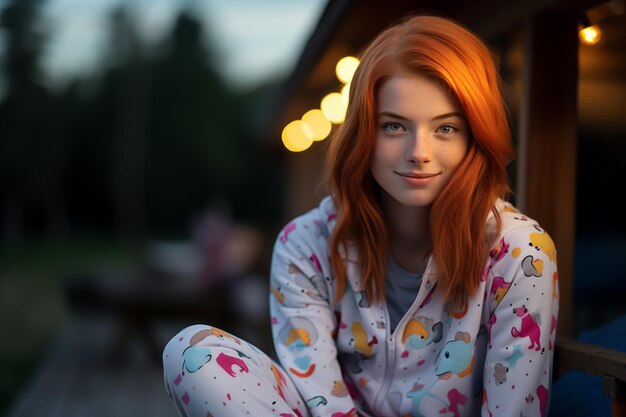 Young pretty redhead woman at outdoors in pajamas