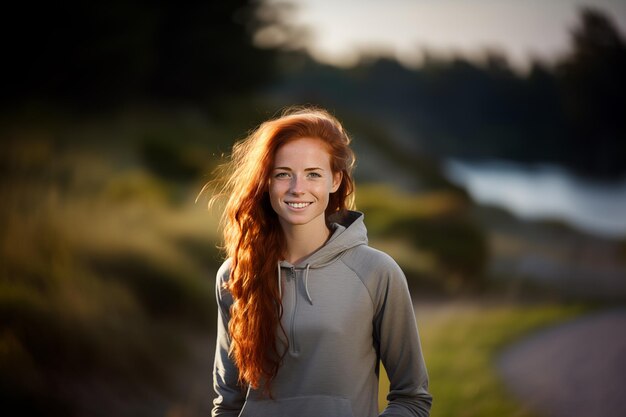 Young pretty redhead woman at outdoors in sportswear