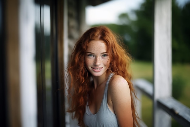 야외에서 아름다운 젊은 빨간 머리 여자