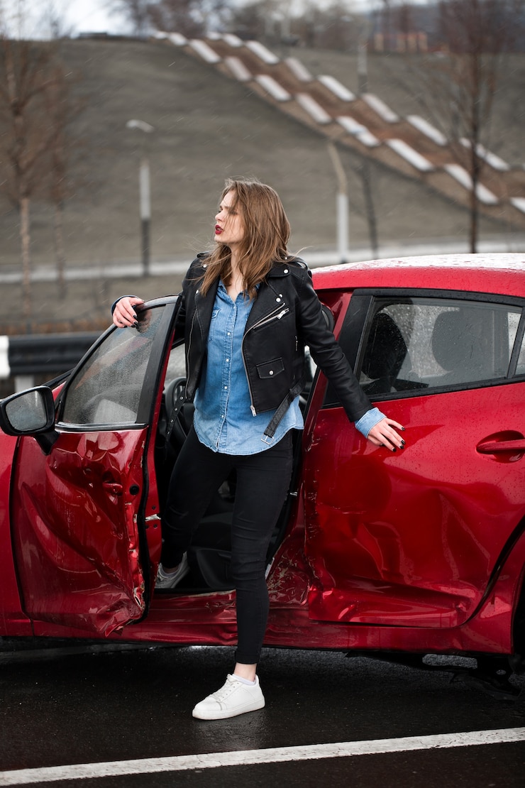 Photo young pretty scared woman after having a car crash