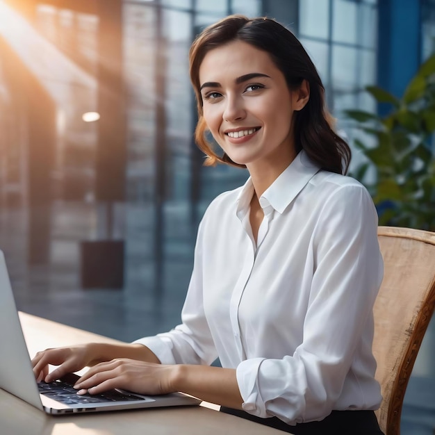 Young pretty smiling businesswoman with dark short hair in white shirt working on laptop over blue b