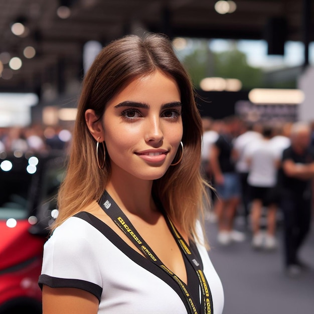 young pretty stewardess girl at a fair