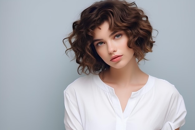 Foto giovane ragazza abbastanza elegante con capelli ricci corti in bianco