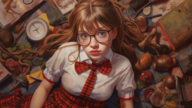 학교 유니폼을 입은 안경을 입은 긴 머리카락을 가진 예쁜 십대 소녀가 빨간색 생성 AI로 놀고 있습니다.