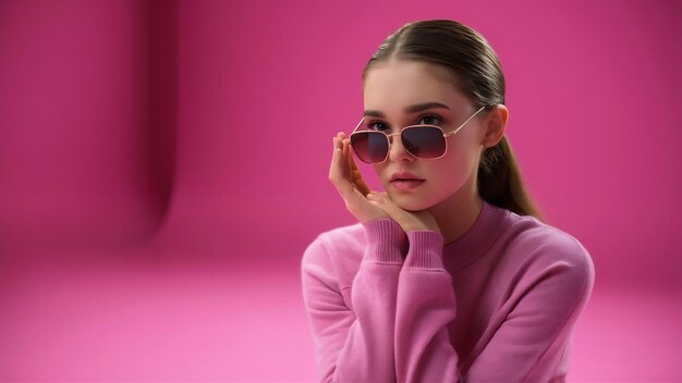 Young pretty thinking woman looking up in pink sweater and sunglasses isolated on pink studio backg