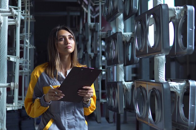 A young pretty white woman works in the paint shop of the plant, she checks the unpainted metal products and making record in check list.