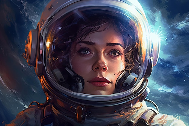 Young pretty woman astronaut exploring outer space