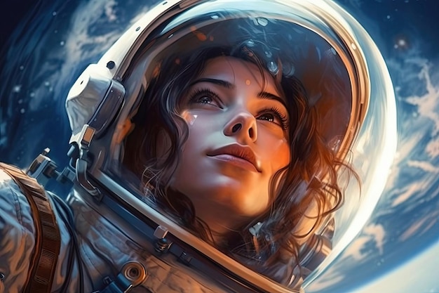 Young pretty woman astronaut exploring outer space