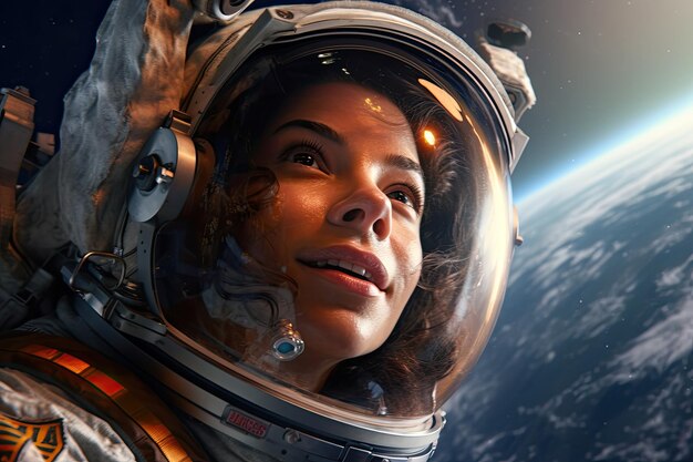 Young pretty woman astronaut exploring outer space