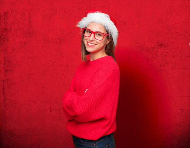 Young pretty woman christmas concept. editable background