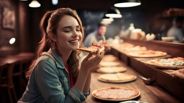 Young pretty woman eating pizza at pizza bar