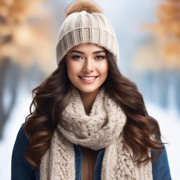 A young pretty woman of European appearance in a knitted hat in park