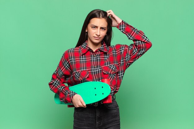 Photo young pretty woman feeling puzzled and confused, scratching head and looking to the side. skate board concept