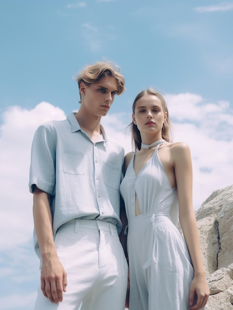 Young pretty woman and handsome man in white summer clothes hugging and celebrating Generative AI