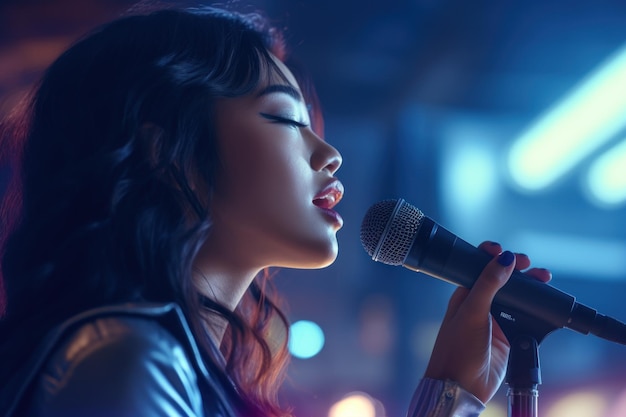 Foto giovane bella donna felice e motivata che canta una canzone con un microfono che presenta un evento