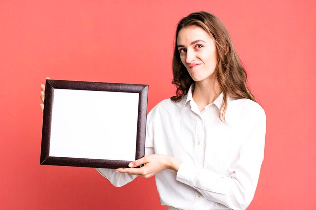 Young pretty woman holding an empty frame copy space