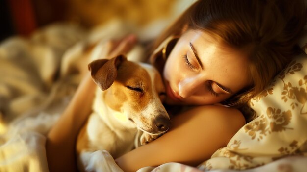 Young pretty woman is sleeping sweetly in her bed embracing her lovely dog with love and care