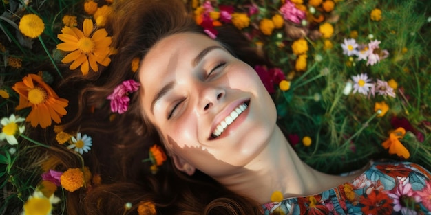 Young pretty woman laying down in a field full of spring flowers Generative ai