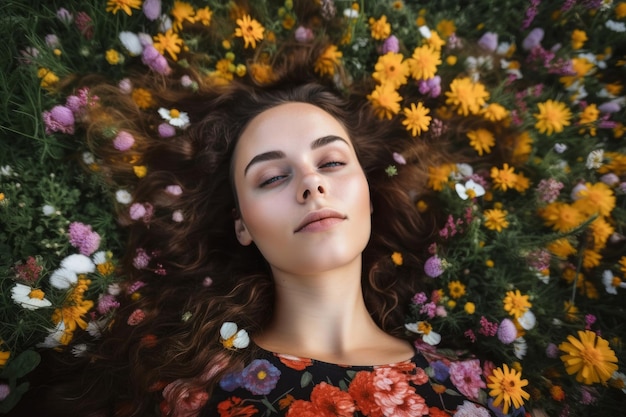 Young pretty woman laying down in a field full of spring flowers Generative ai