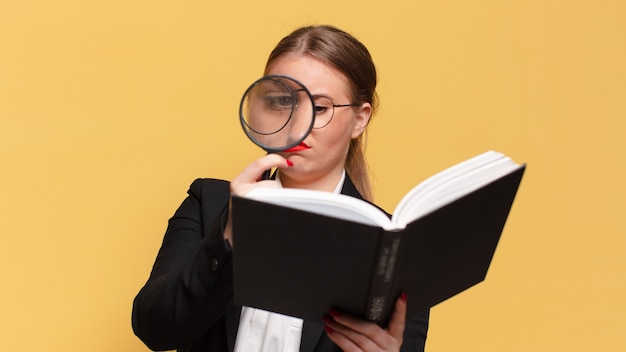 Young pretty woman searching with a book and magnifying glass searching in a book concept