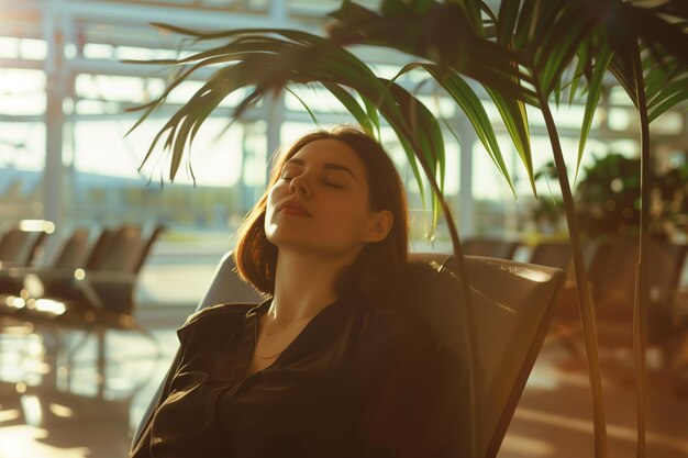 Young pretty woman sitting in the empty airport lounge zone waiting for boarding