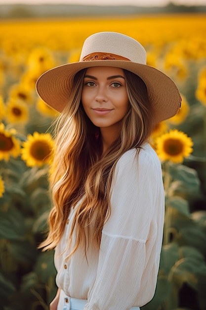 Young pretty woman in straw hat and white summer shirt posing at the sunflowers fiel Generative AI