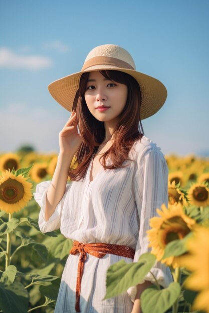 Young pretty woman in straw hat and white summer shirt posing at the sunflowers fiel Generative AI
