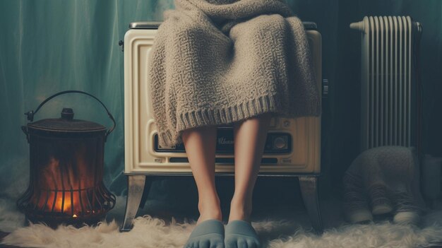 young pretty woman in warm clothing and hat sitting in armchair cozy home interior