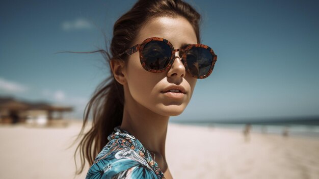Giovane bella donna che indossa occhiali da sole alla moda sulla spiaggia ia generativa