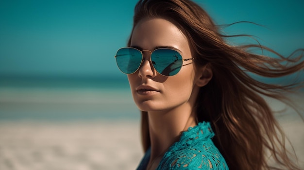 Photo young pretty woman wearing stylish sunglasses on the beach generative ai