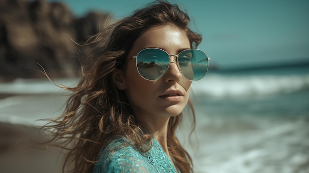 Young pretty woman wearing stylish sunglasses on the beach Generative AI