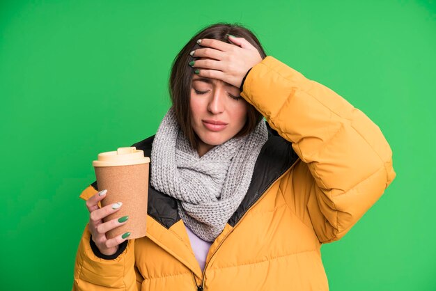 冬の服を着て、テイクアウトのコーヒーを保持している若いきれいな女性