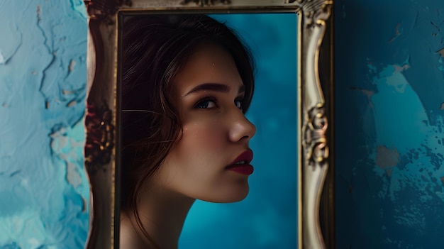 写真 バロック風のフレームで青い壁に囲まれた美しい若い女性コピースペースジェネレーティブai