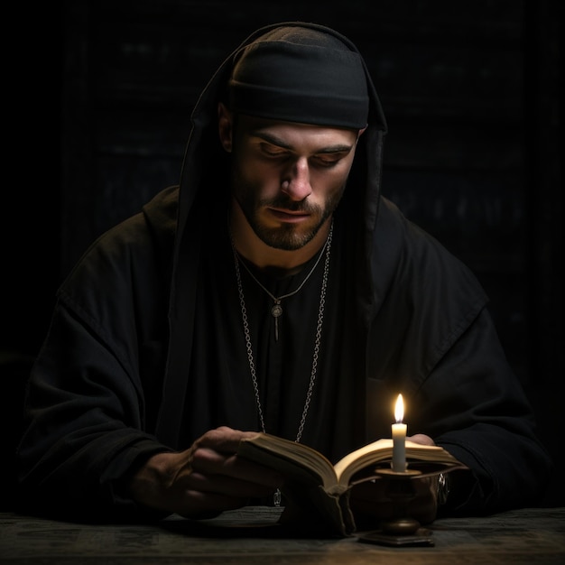 Фото Молодой священник читает открытую библию на черном фоне с монахом в черной шапке