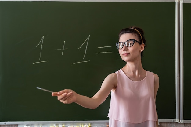 Young primary female teacher written on chalkboard one plus one, education concept